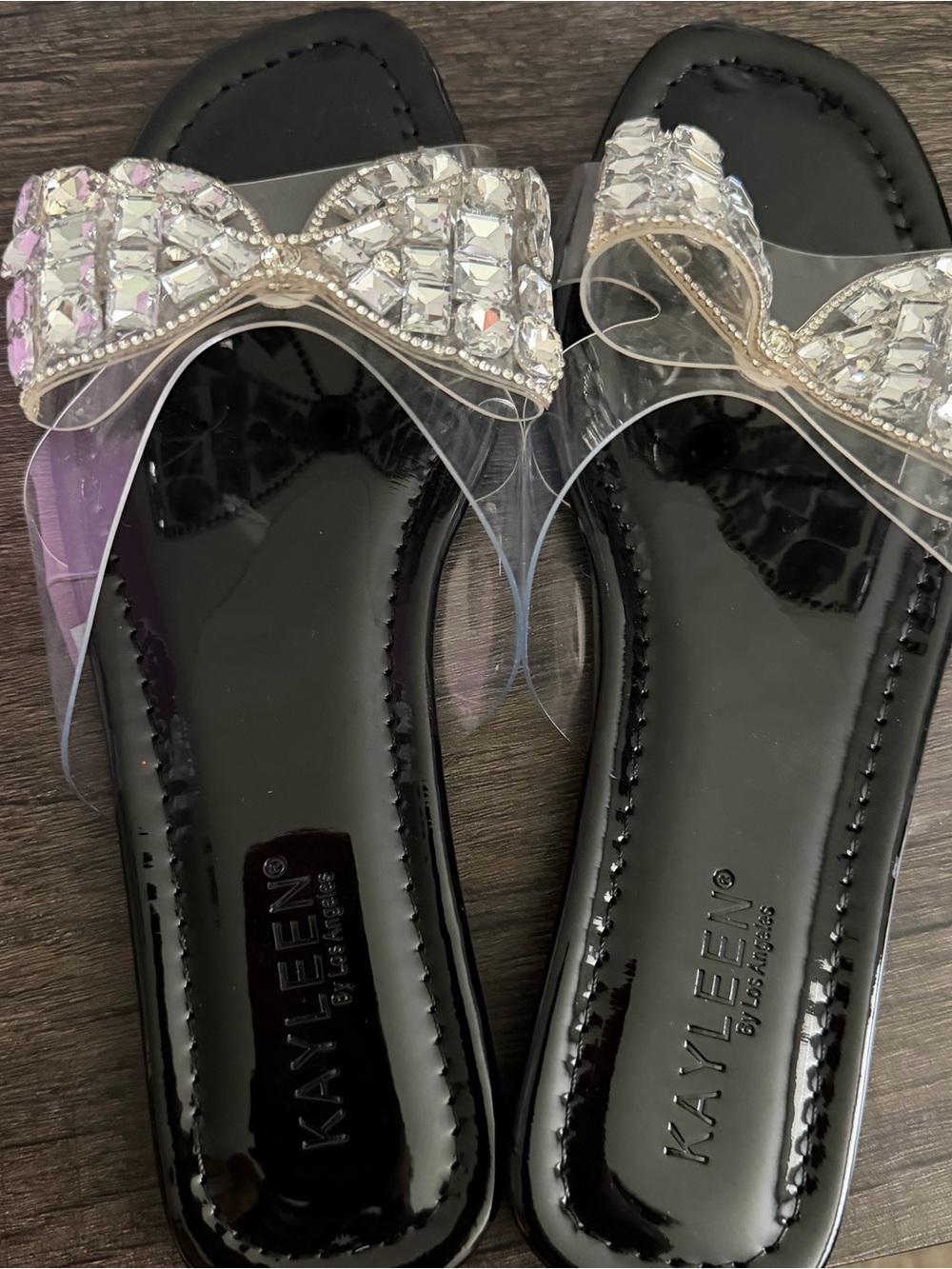 KAYLEEN By Los Angeles Black Patent Slide Sandals with Crystal Bow